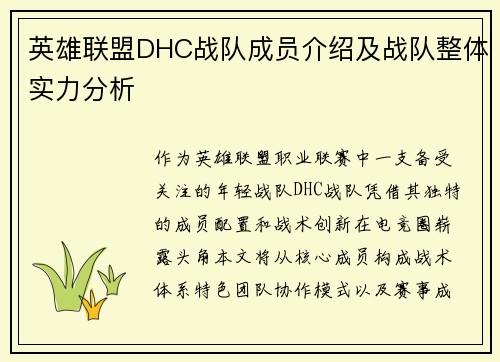 英雄联盟DHC战队成员介绍及战队整体实力分析