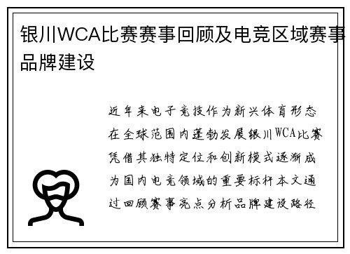 银川WCA比赛赛事回顾及电竞区域赛事品牌建设