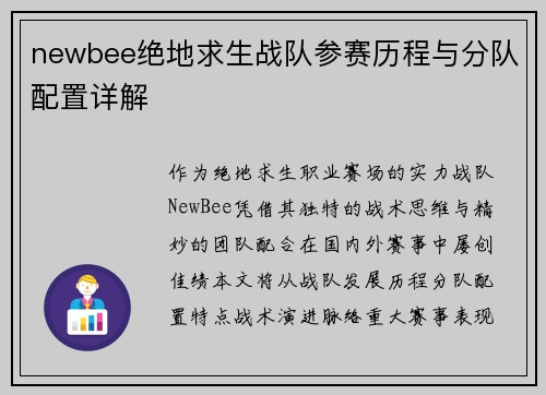 newbee绝地求生战队参赛历程与分队配置详解